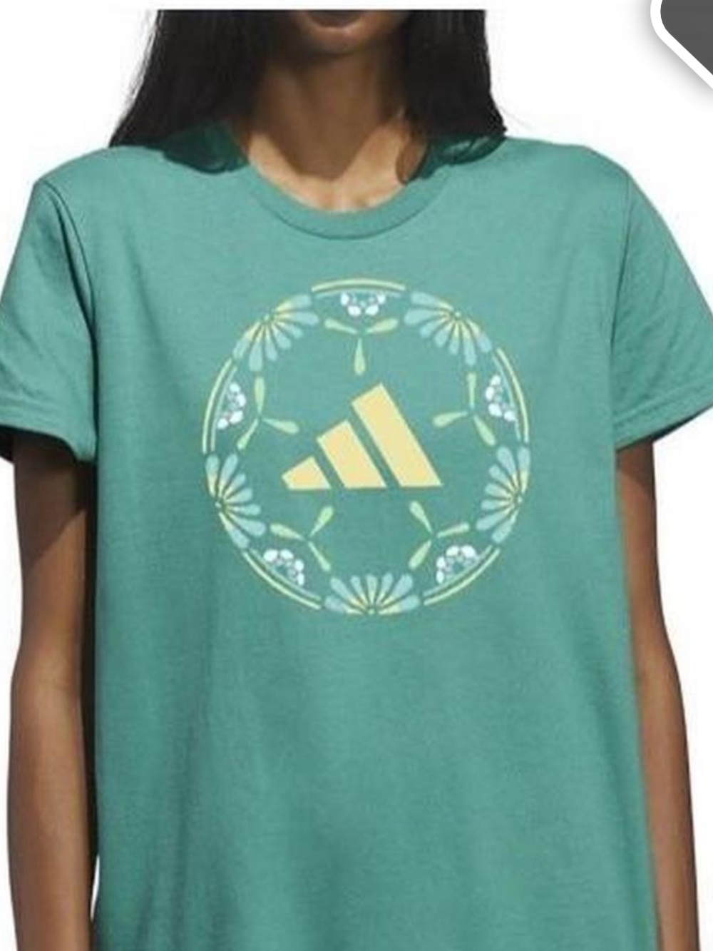 adidas Teal Green Short Sleeve Tee with Yellow Logo Floral Ring